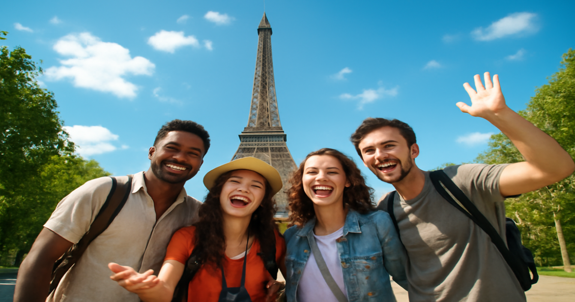 A vibrant scene of tourists at a landmark, highlighting визы для туристов for an inspiring travel experience.