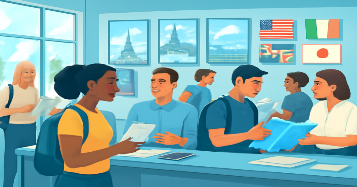 A welcoming visa office scene highlighting the importance of visas for travelers.