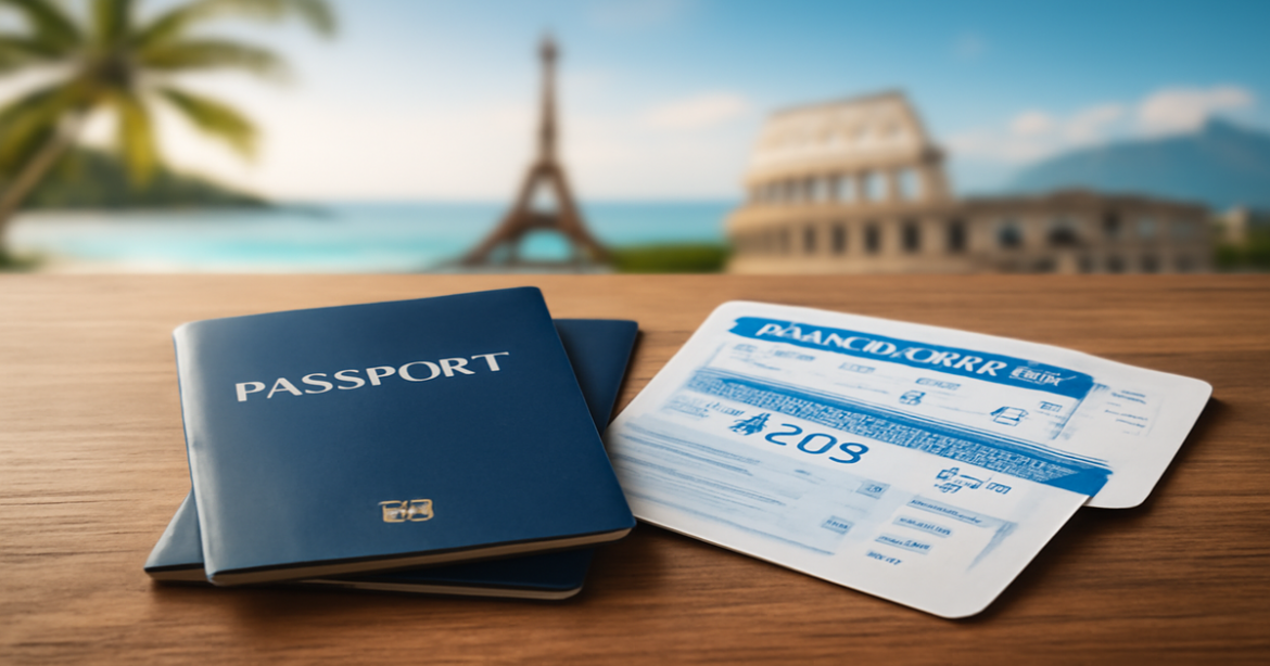 Visas and documents for travel preparation, featuring essential travel paperwork on a wooden table.