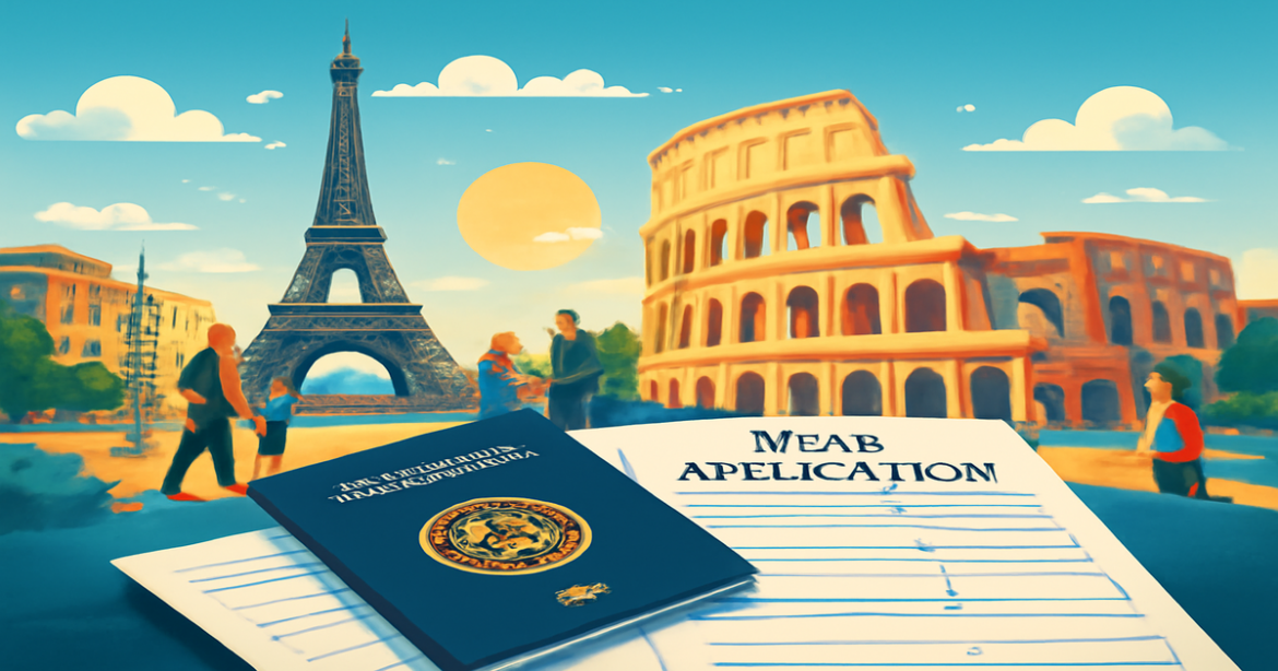 Image of iconic European landmarks and travel essentials, highlighting визы в Европу.