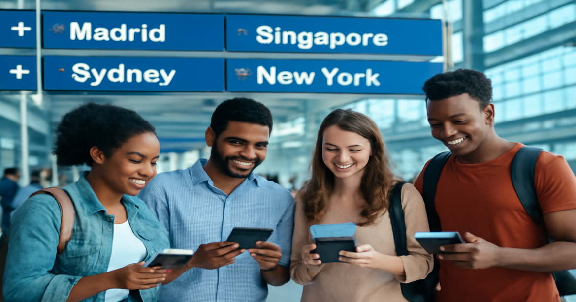 Exploring визовые требования for travel at an international airport with diverse travelers.