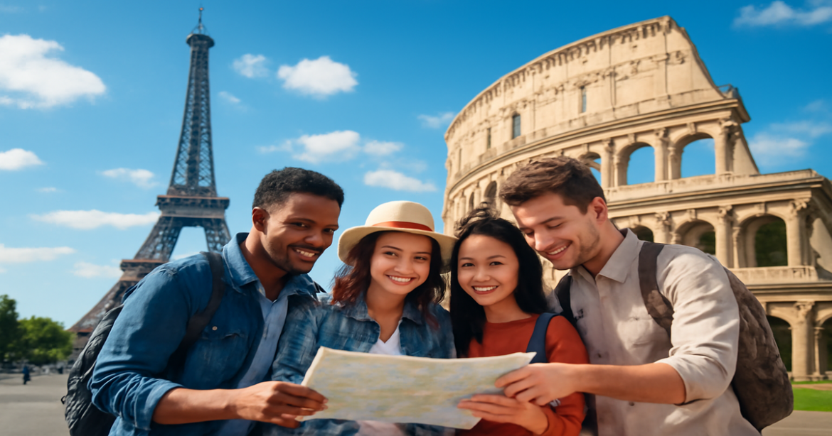 Explore визовые требования Европа with a vibrant travel scene showcasing famous landmarks.