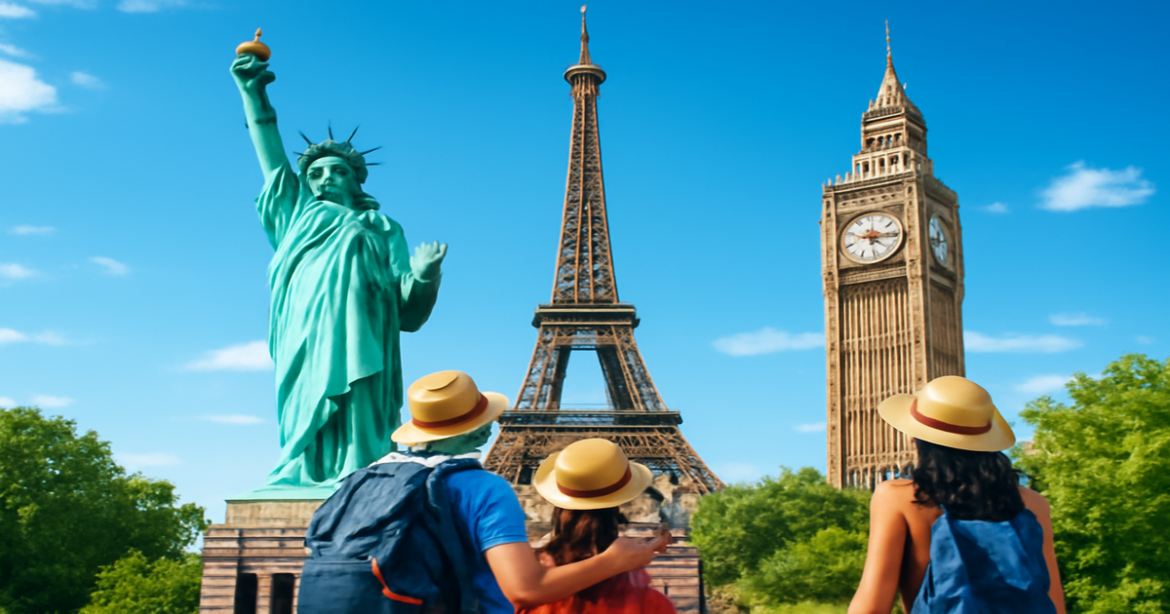 Explore визовые требования through iconic landmarks in the USA, Schengen Area, and UK.