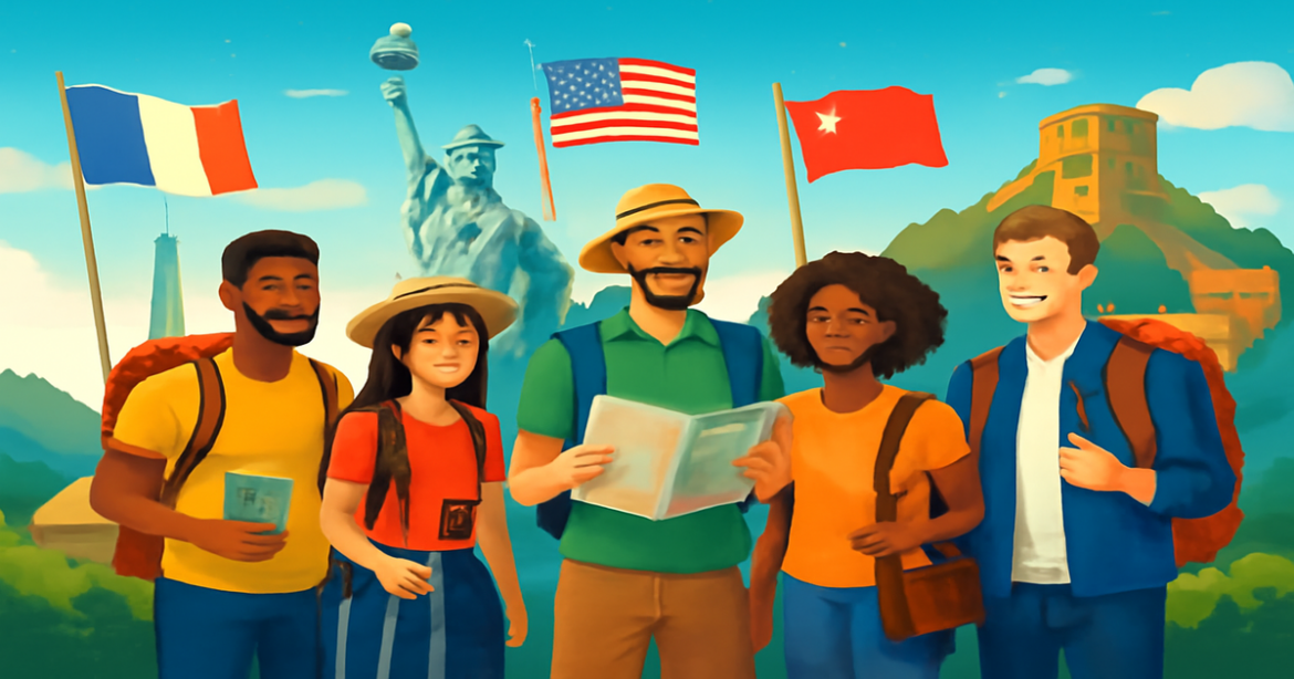 A captivating travel scene illustrating визовые требования for popular destinations and landmarks.