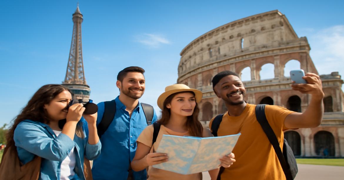 Visas для Европы: travelers exploring iconic landmarks in a vibrant European city.