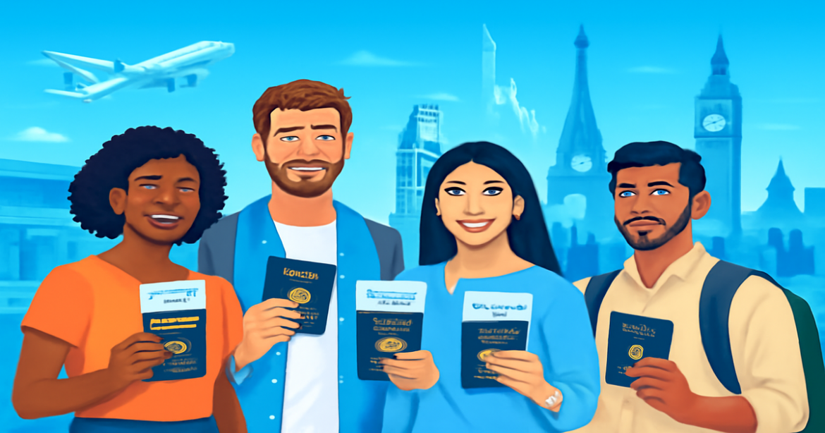 Travelers with visas at an airport, highlighting the importance of визы for global travel in 2024.