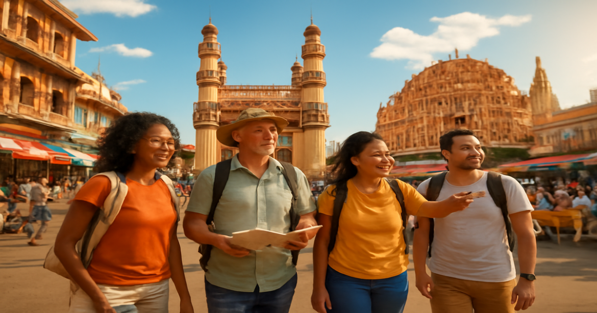 Inspiring image of самостоятельные путешествия with diverse travelers exploring vibrant city landmarks.