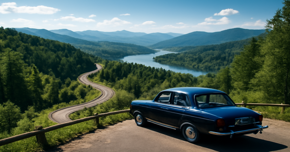 Scenic route for автопутешествия по России, showcasing stunning landscapes and a vintage car.