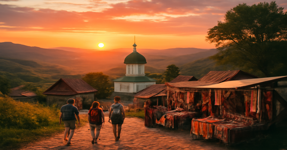 Explore budgetные путешествия СНГ with a stunning sunset over a traditional landscape.
