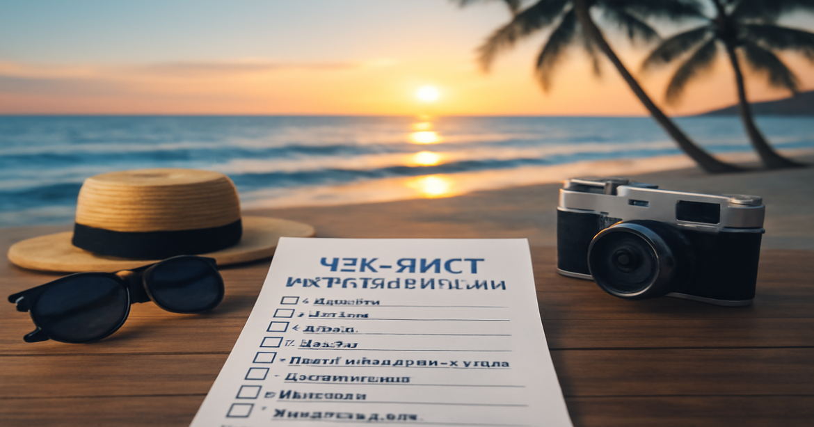A tranquil beach scene with a travel checklist for stress-free vacation planning, perfect for 'чек-лист для отпускников'.