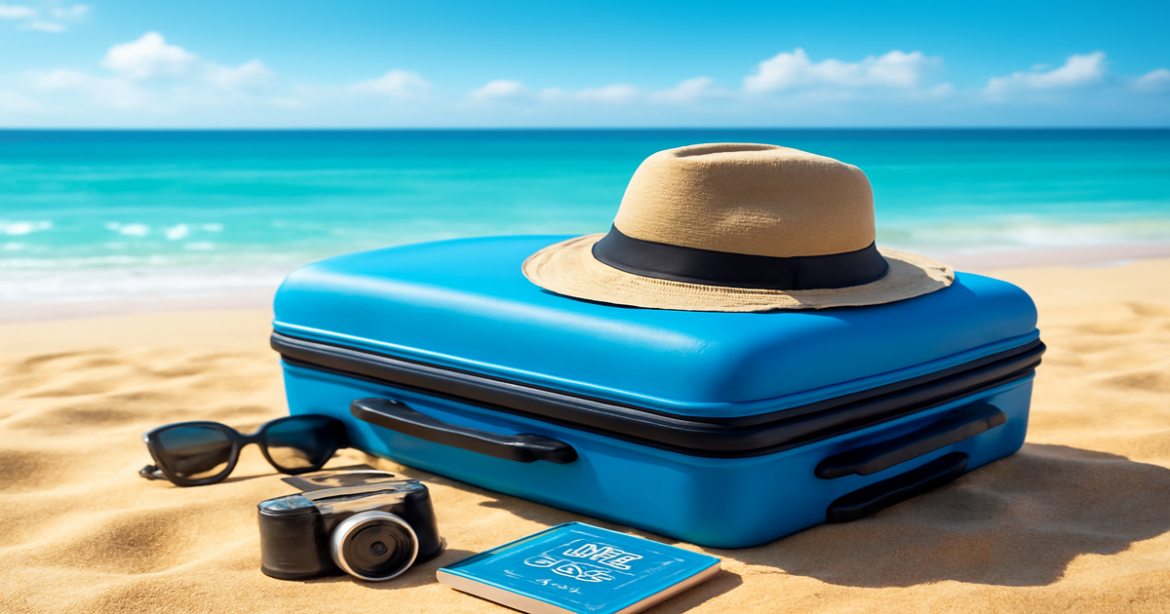 What to take on a trip: packed suitcase on a beach with essential travel items.