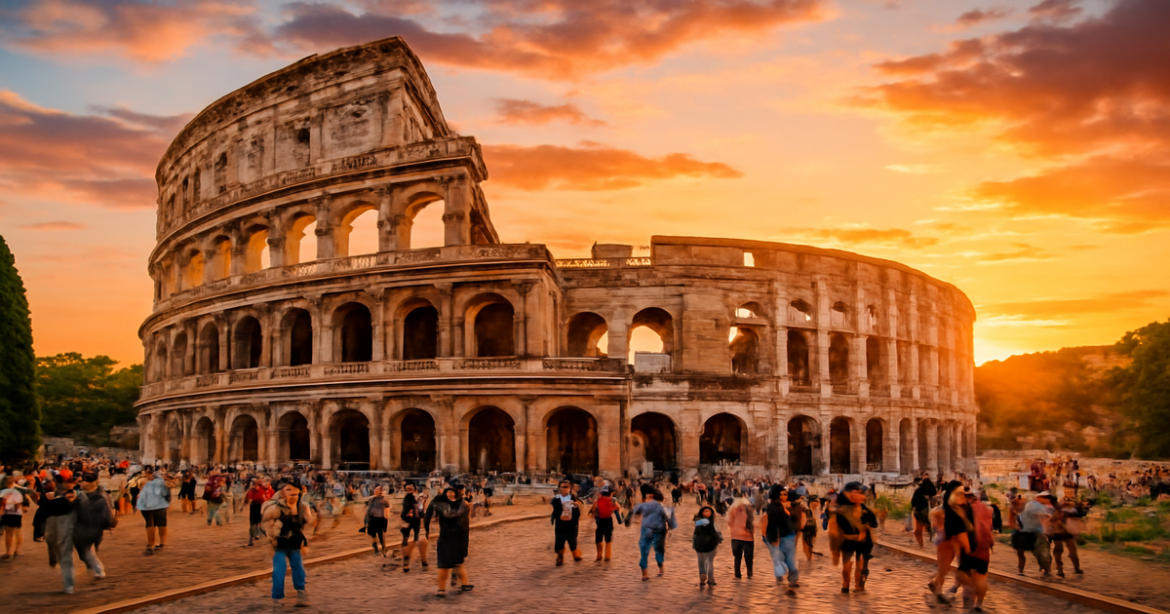 Explore the breathtaking достопримечательности Италии with a stunning view of the Colosseum at sunset.