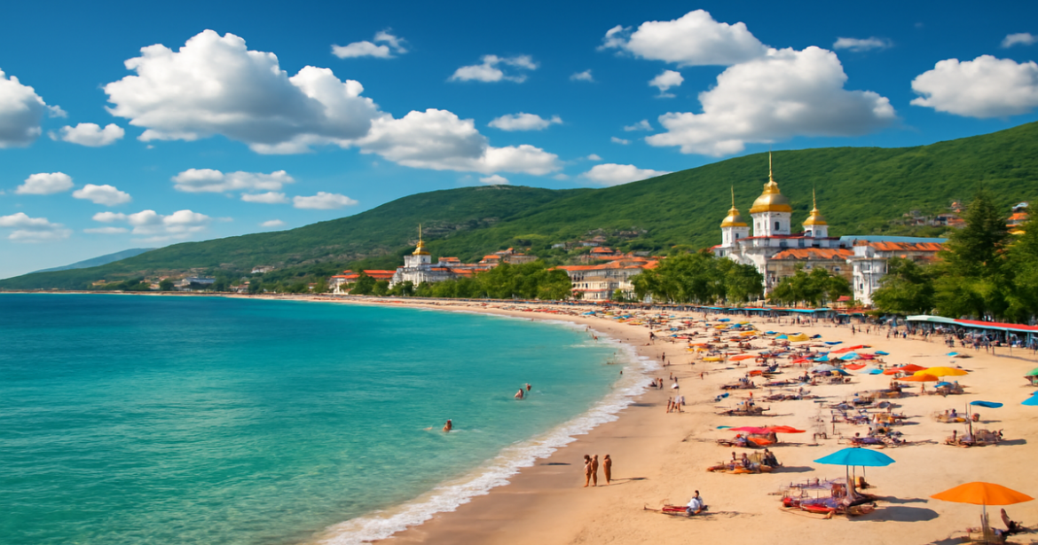 Discover достопримечательности курортов России with a breathtaking view of the Black Sea and vibrant beach life.