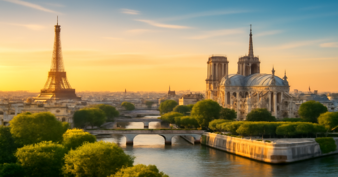 Explore the stunning достопримечательности Парижа in this inspiring sunset view of the city.