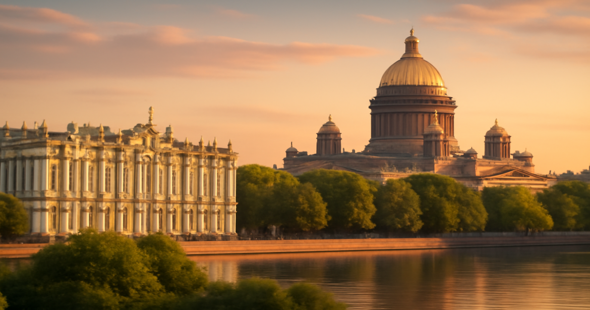 Explore the достопримечательности Санкт-Петербурга, featuring the Эрмитаж and Исаакиевский собор in a breathtaking view.