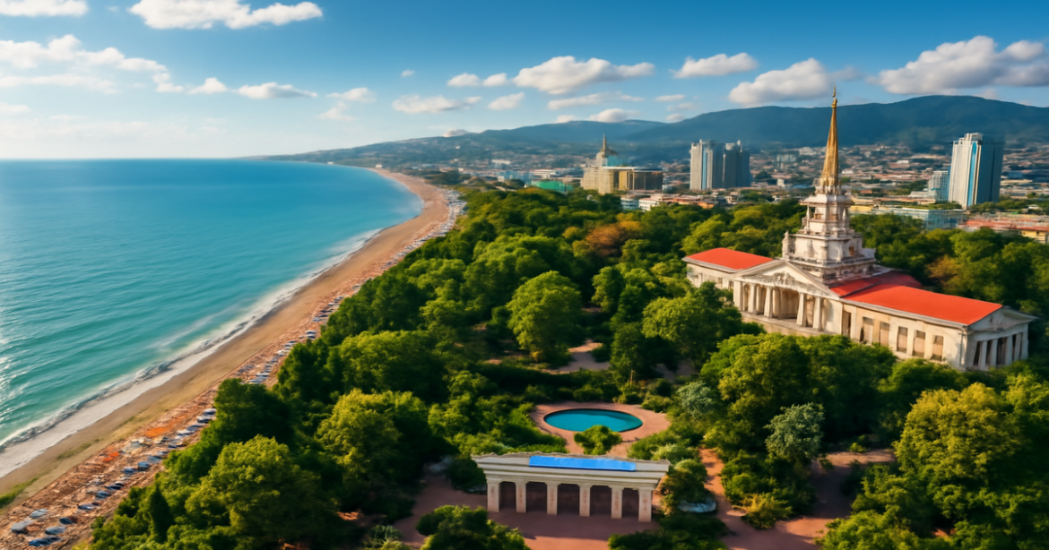 Discover the best достопримечательности Сочи with this vibrant coastal view highlighting Riviera Park.
