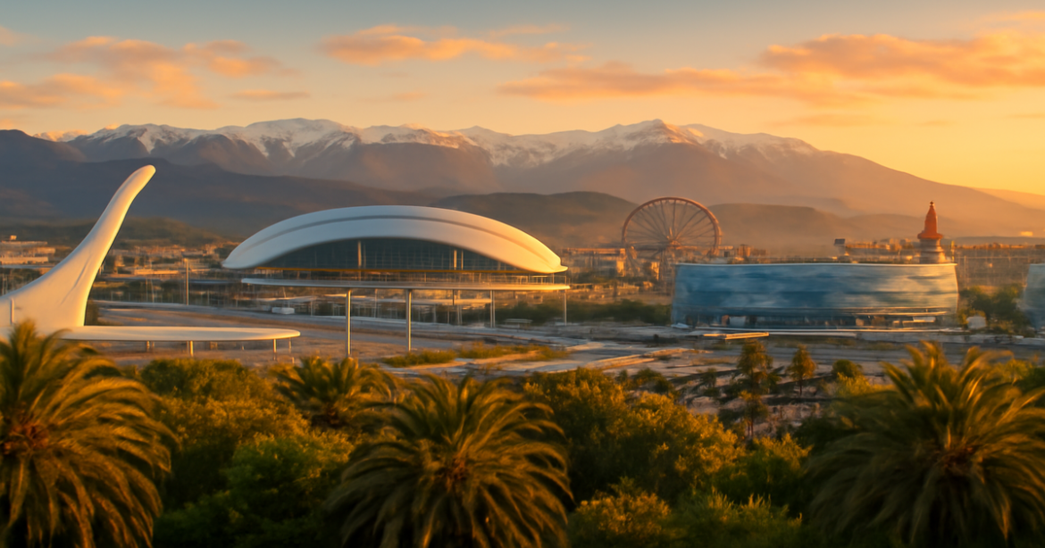 Explore the stunning достопримечательности Сочи, featuring Olympic Park and Krasnaya Polyana in a beautiful landscape.