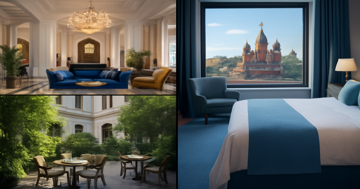 Explore лучшие отели в России through a stunning visual collage of luxurious accommodations.