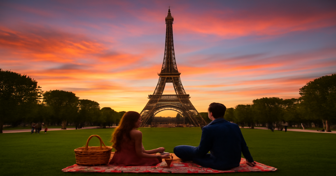 A beautiful Parisian scene showcasing the ideal маршрут по Парижу with the Eiffel Tower at sunset.