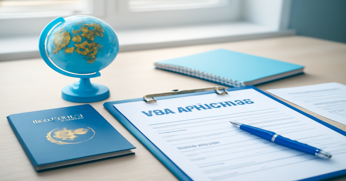 A professional image illustrating оформление визы with travel documents and a globe, perfect for travel articles.