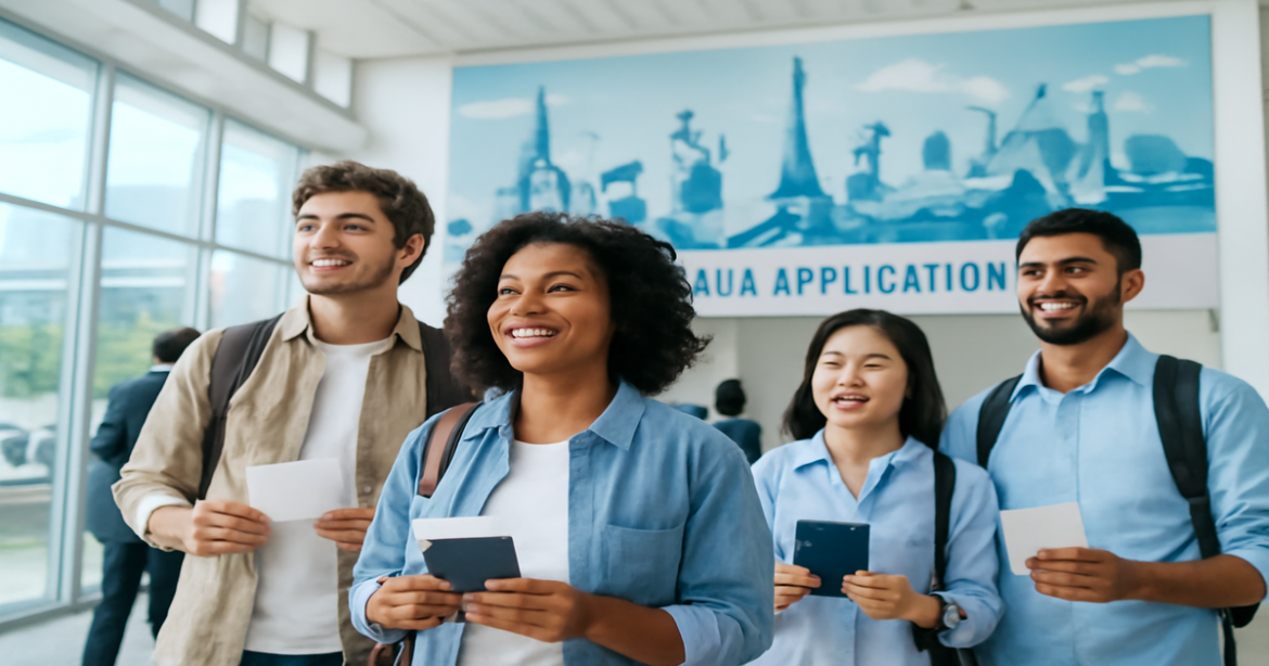 A vibrant image illustrating the process of получение визы at a travel application center.