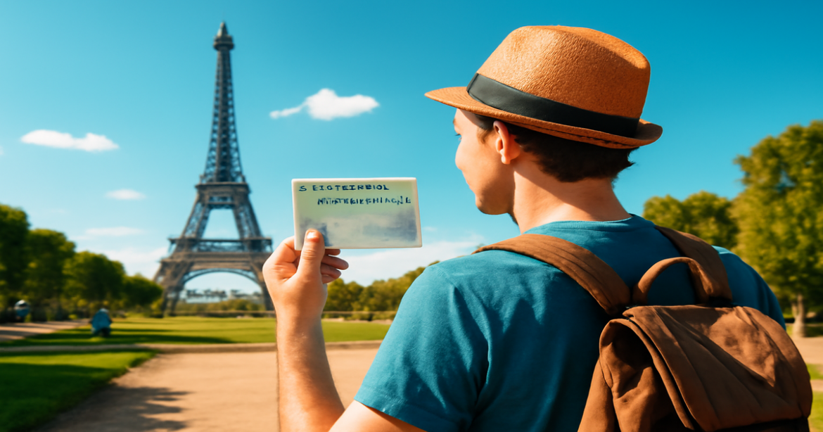A traveler with a visa in Schengen standing before a famous landmark, symbolizing travel and adventure.