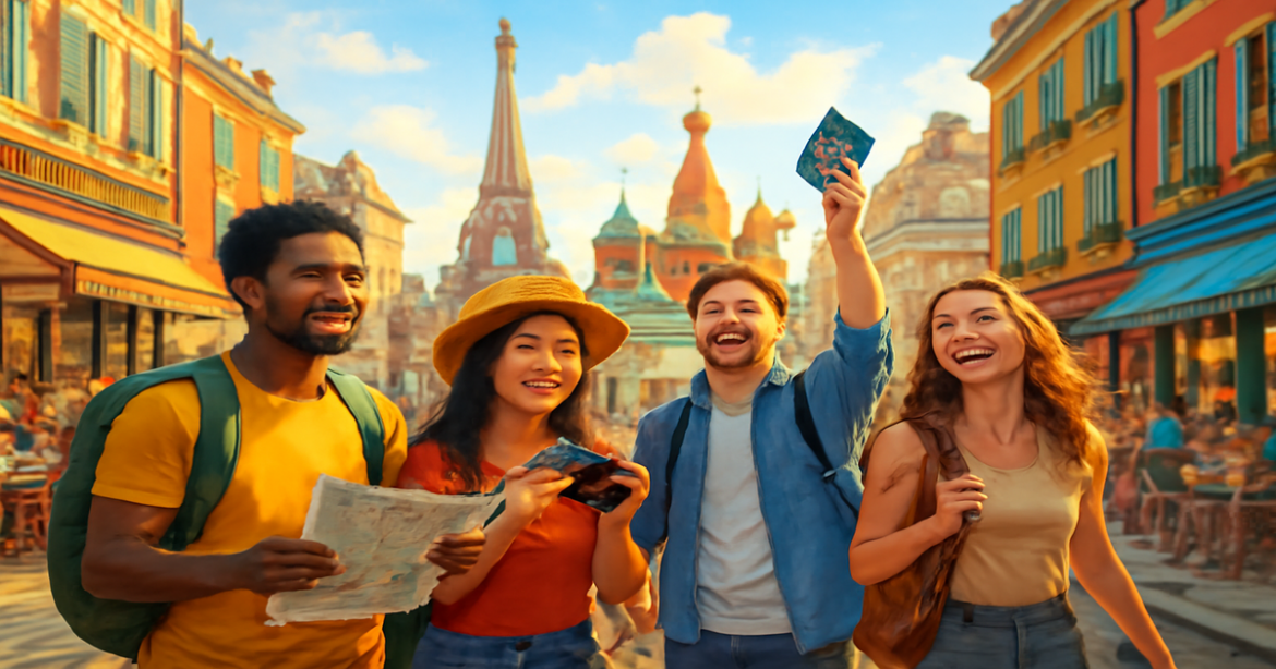 A vibrant travel scene illustrating the joy of obtaining a виза for international adventures.