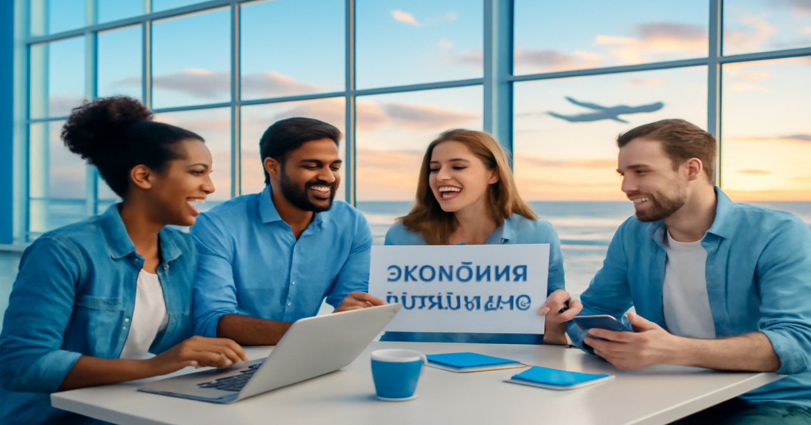 Travelers planning their journeys, focusing on экономия на авиабилетах in a bright airport setting.