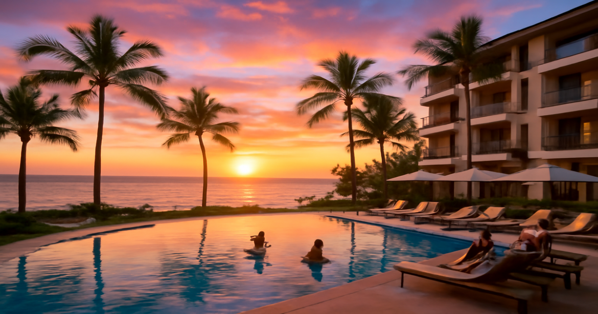 Stunning beach hotel scene illustrating правильный выбор отеля for an unforgettable vacation.