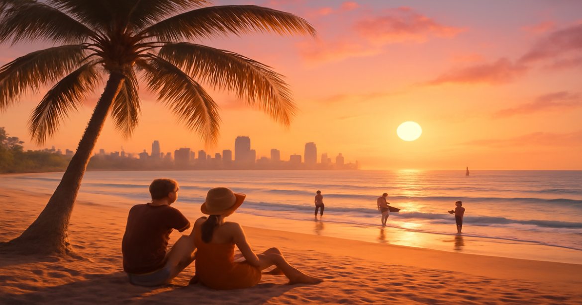Stunning beach scene illustrating сезонность путешествий with travelers enjoying a sunset.