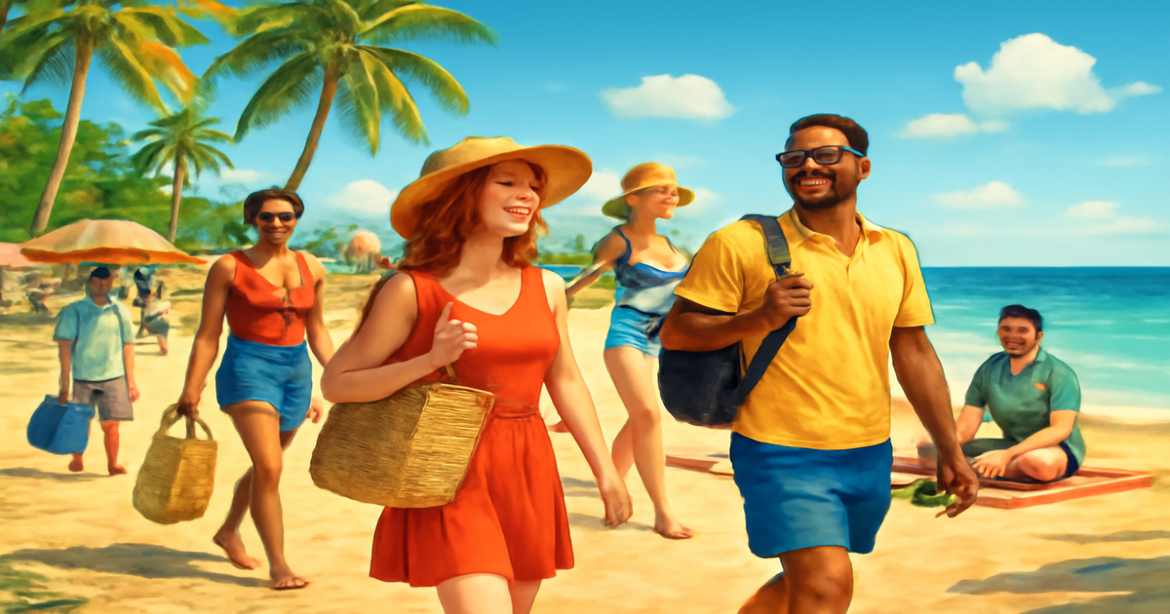 Seasonal отдых at a beautiful beach with travelers enjoying their vacation in a vibrant setting.