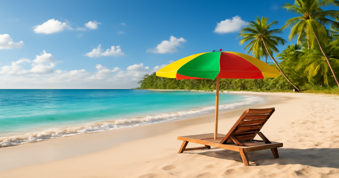 Beautiful beach scene ideal for отпуск, featuring sand, water, and palm trees under a bright sky.