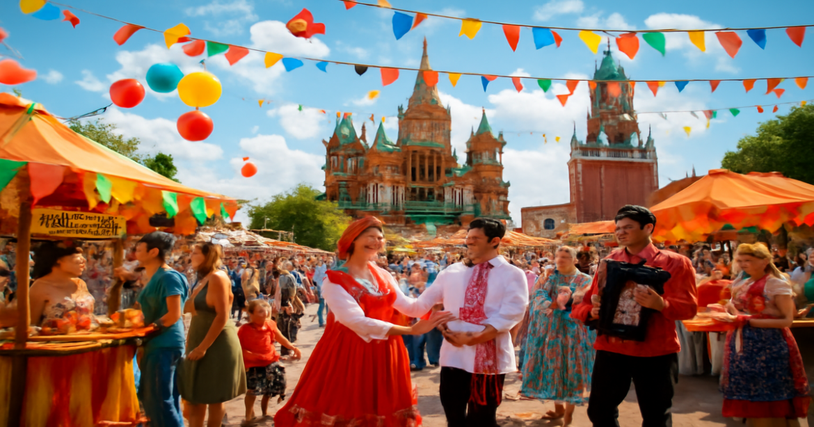 Vibrant scene of летние фестивали России showcasing culture and festivities in a picturesque city.