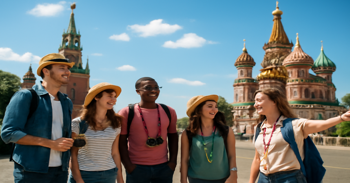 Explore exciting экскурсии в Москве with tourists visiting iconic landmarks in a vibrant city atmosphere.