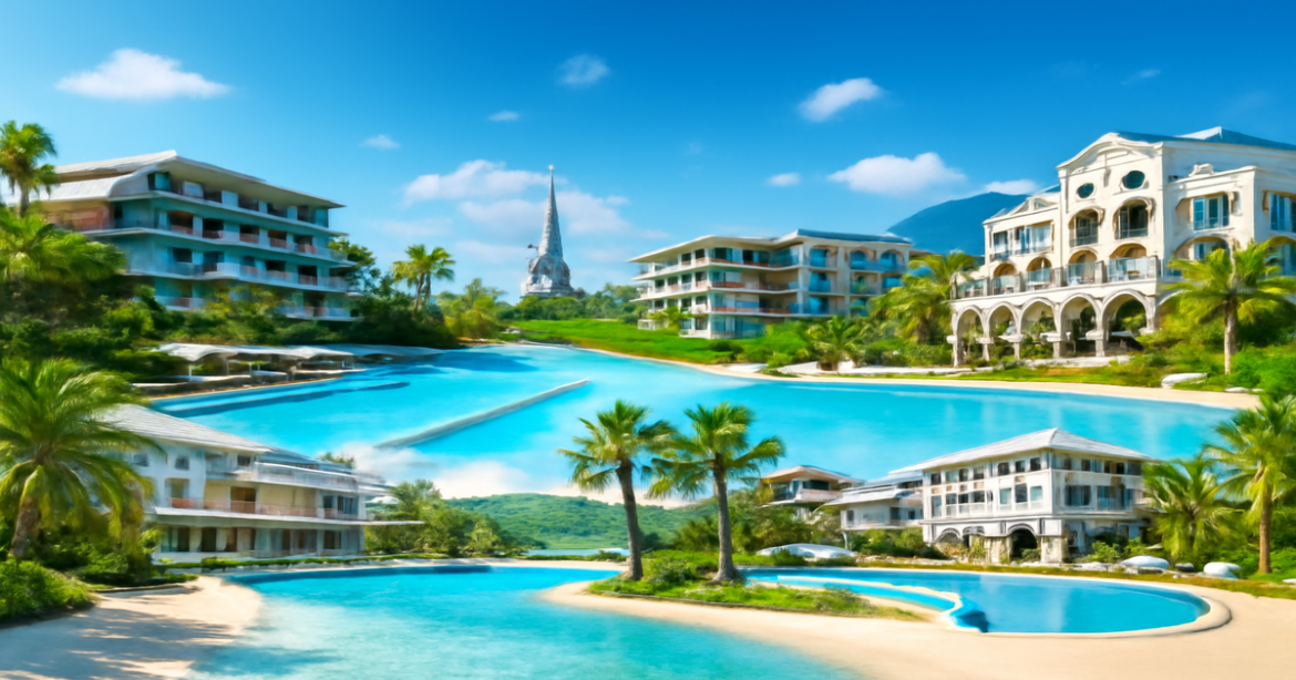 Explore лучшие курорты 2024 with a vibrant collage of top travel destinations and stunning landscapes.
