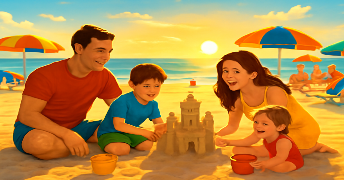 Explore курорты для отдыха с детьми with a joyful beach scene perfect for family vacations.