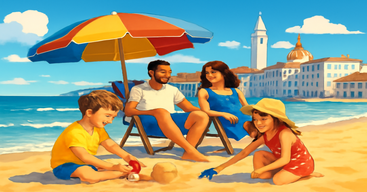 Family enjoying отдых с детьми в Европе at a sunny beach with iconic European architecture.