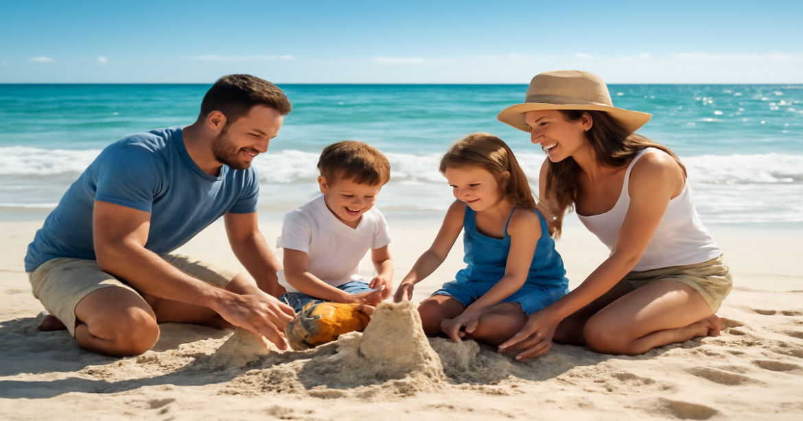 A family enjoying a beach vacation, perfect for семейный отдых in 2026.