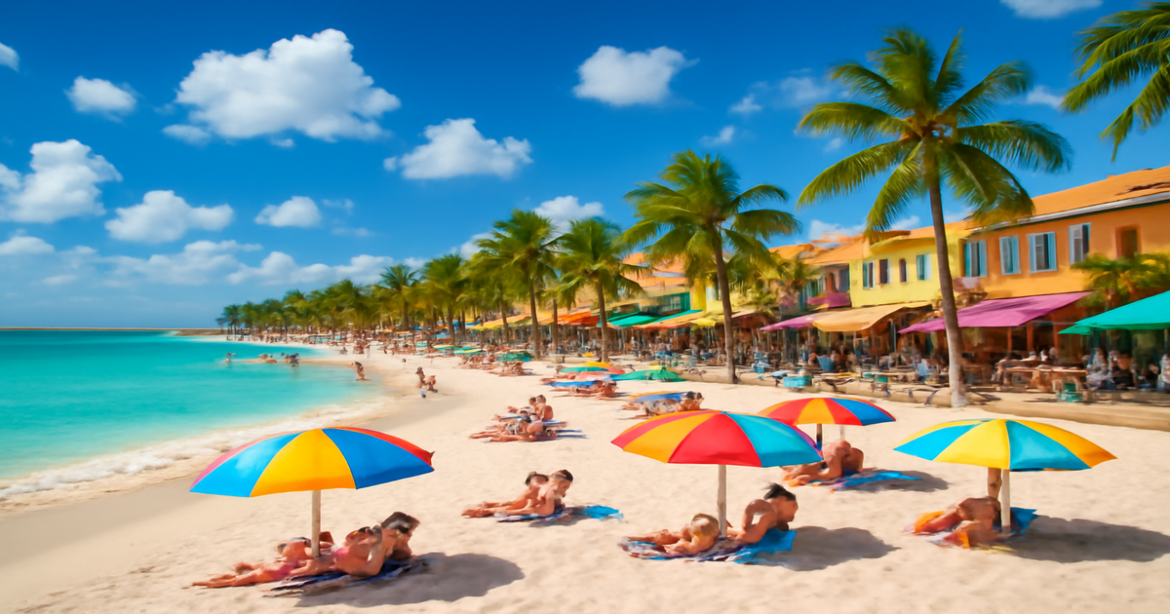 Vibrant beach scene for отдых в высокий сезон, showcasing sun, sand, and travel excitement.