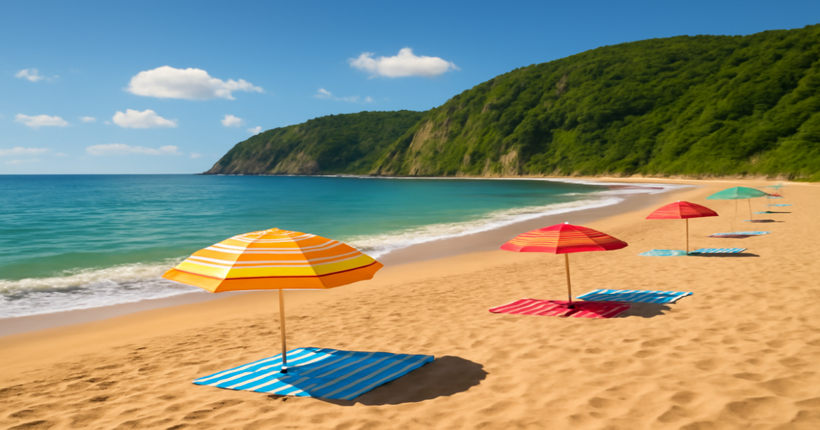 Explore stunning пляжи России with golden sands and clear skies, perfect for a relaxing vacation.