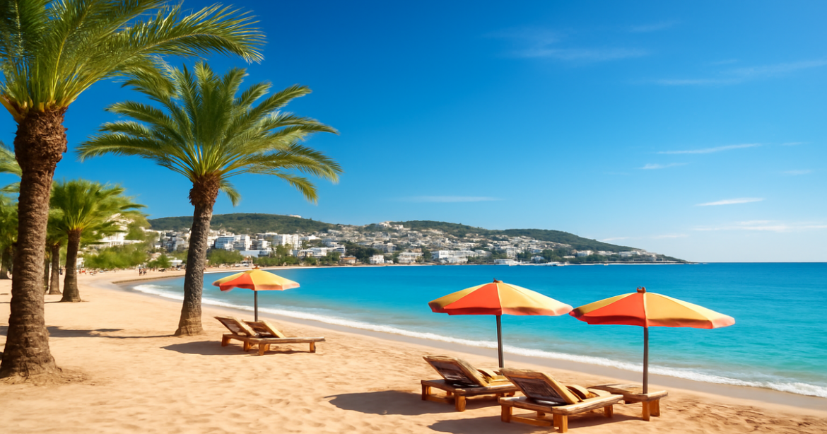 Explore пляжные курорты Турции with this inviting beach scene, showcasing perfect vacation vibes.