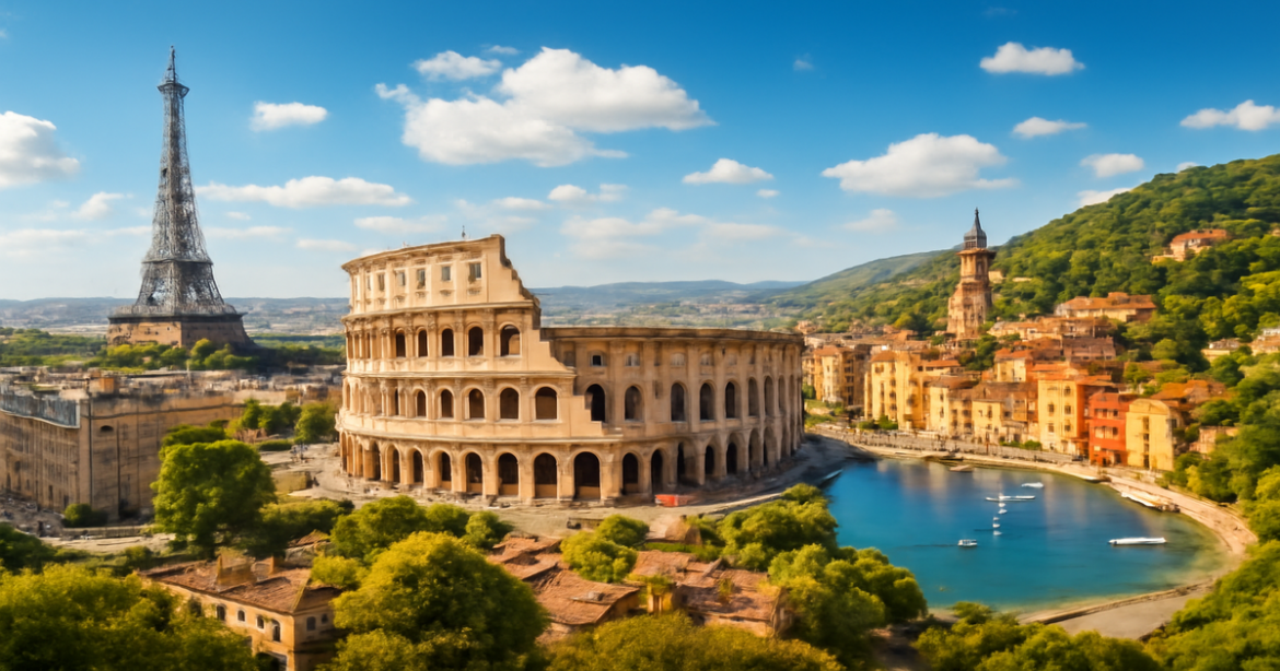 Explore маршруты по Европе with this stunning view of cities and landscapes, perfect for travel inspiration.