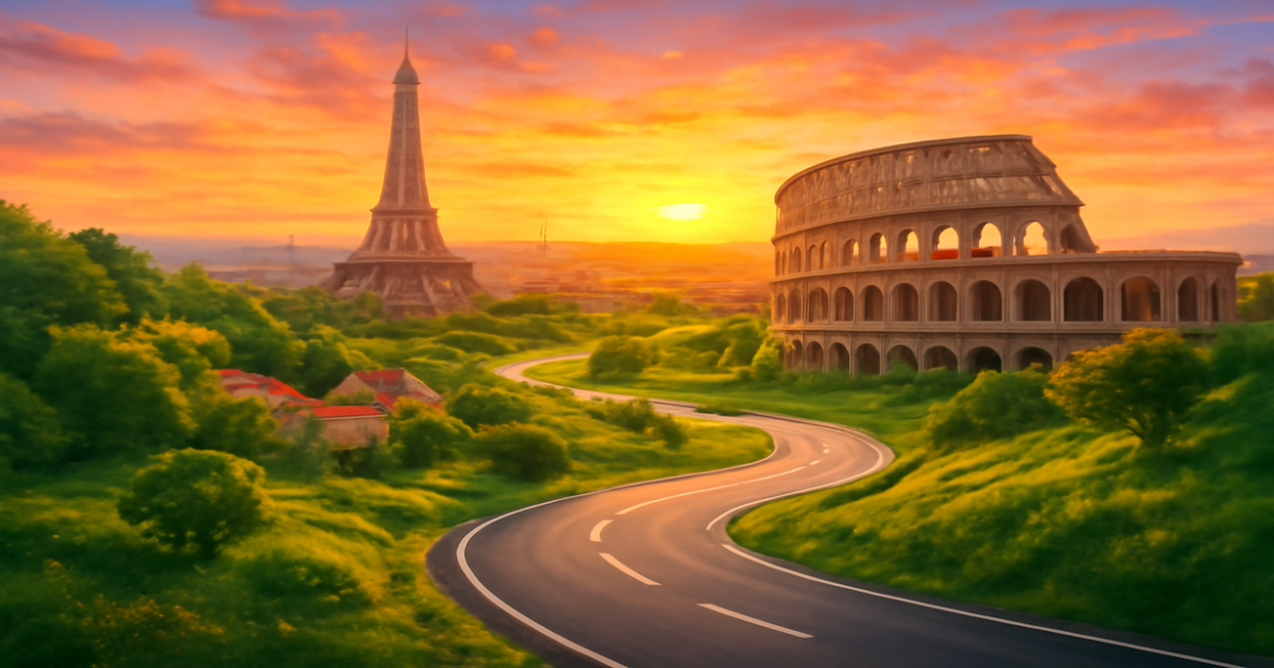 Explore a stunning route through Europe from Paris to Rome, showcasing iconic landmarks and vibrant landscapes.