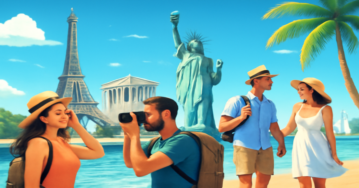 Explore global визовые требования through iconic landmarks and vibrant travel scenes.