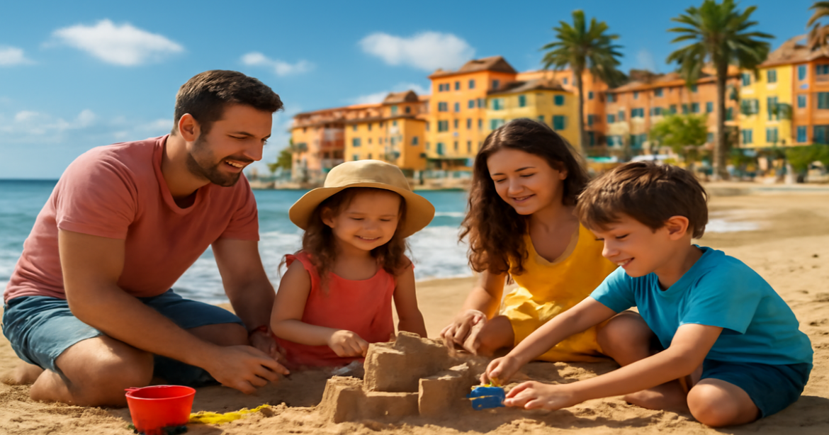 Family vacation at a beach, perfect for отдых с детьми, showcasing fun and bonding moments.