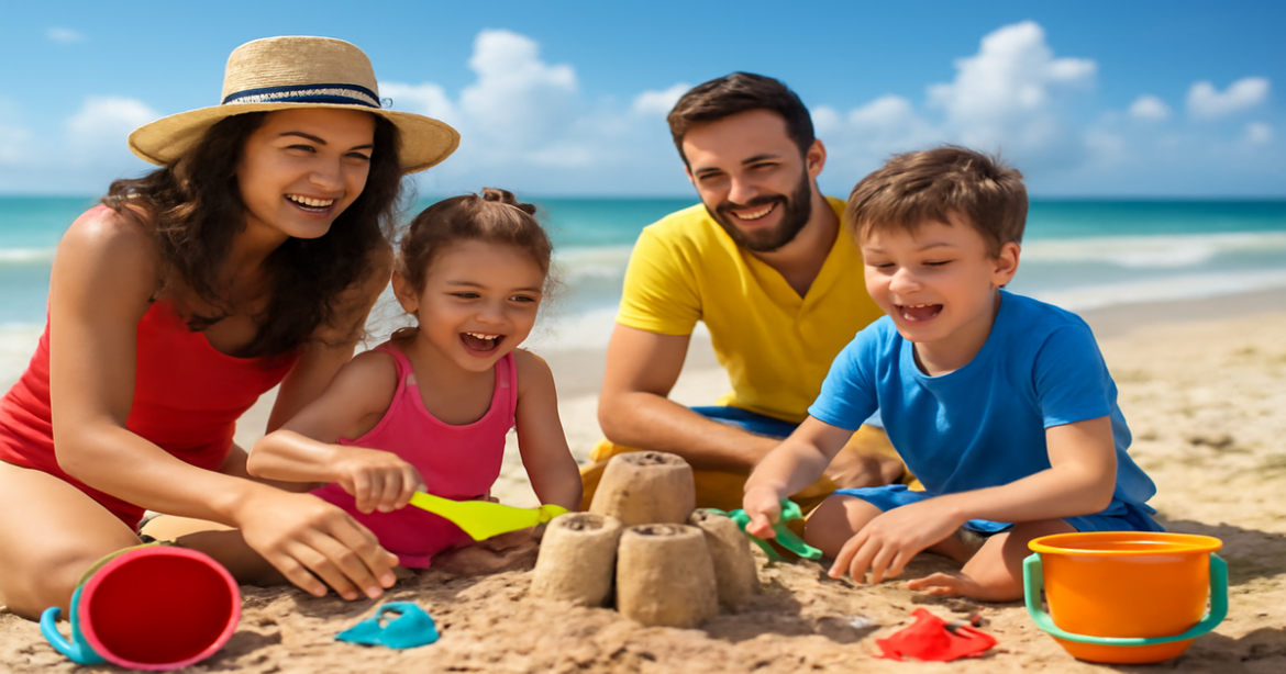 A joyful family vacation at the beach, perfect for отпуск с детьми, showcasing fun and happiness.