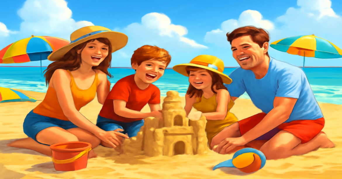 Family beach vacation scene showcasing joyful 'отпуск с детьми' in a picturesque setting.