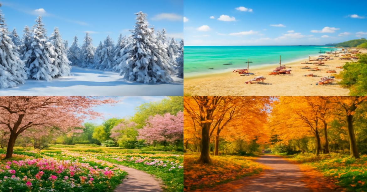 Explore отпуск в России по сезонам with beautiful seasonal destinations in one captivating image.