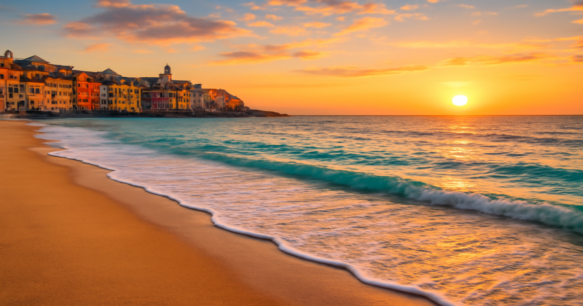 Stunning beach sunset scene, perfect for отпуск в сентябре travel inspiration.