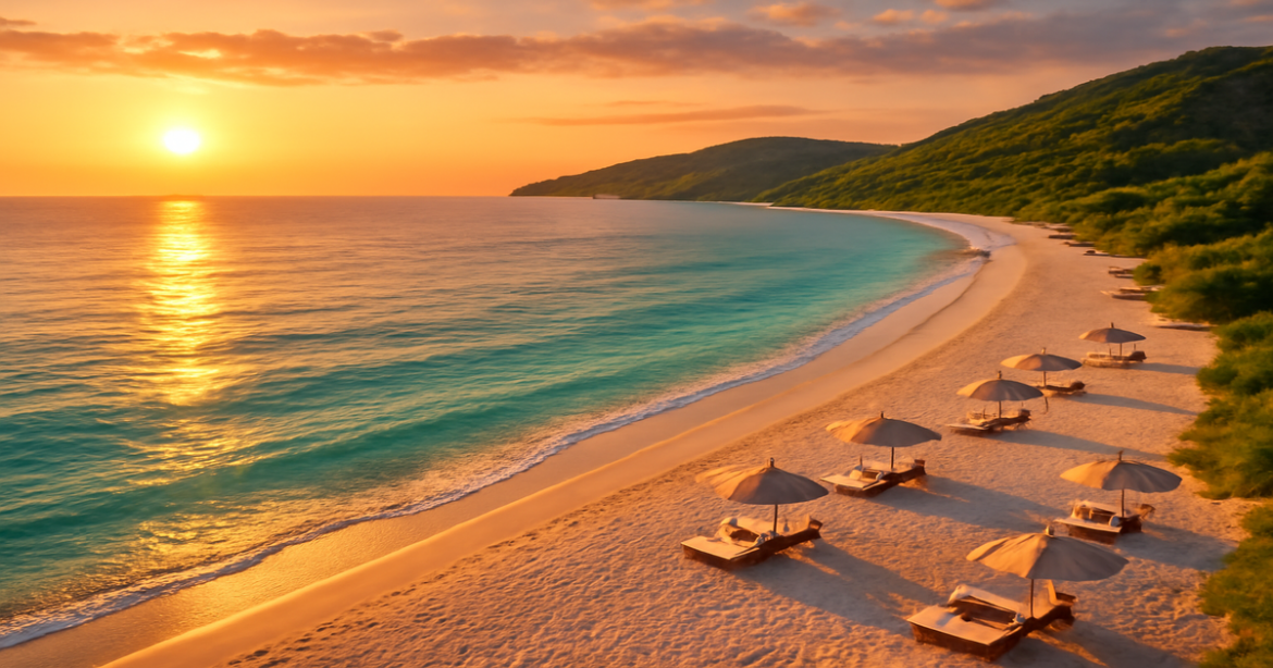 Beautiful beach scene in Russia perfect for пляжный отдых, featuring clear waters and golden sunset light.